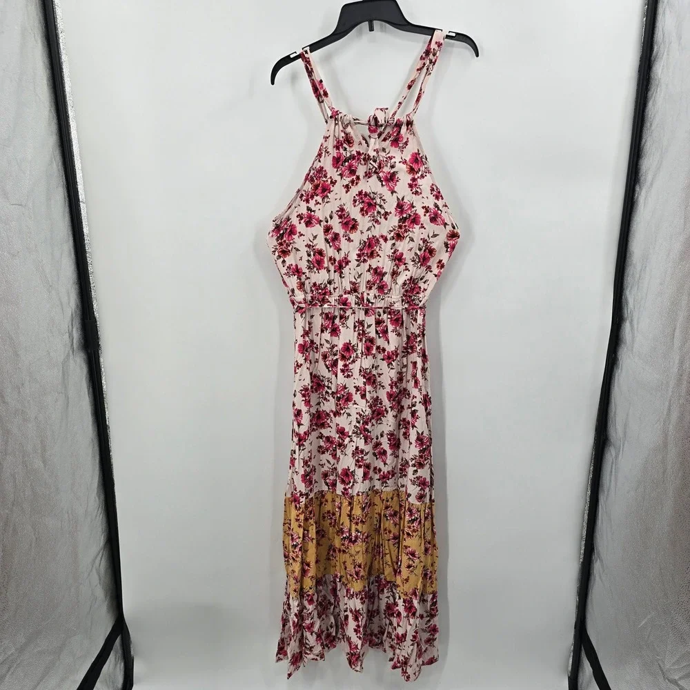 NEW Maurices Pink Mustard Floral Halter Maxi Dress Medium NWT